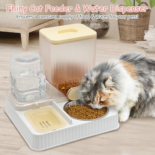 Fhiny Gravity Cat Feeder & Water Dispenser, 2 in 1 Automatic Puppy Waterer Removable Stainless Steel Food Bowls Set Self Feeding Pet Food Storage for Cat Kitten Puppy Easy Clean (Yellow) - color: Yellow-Metal Bowl