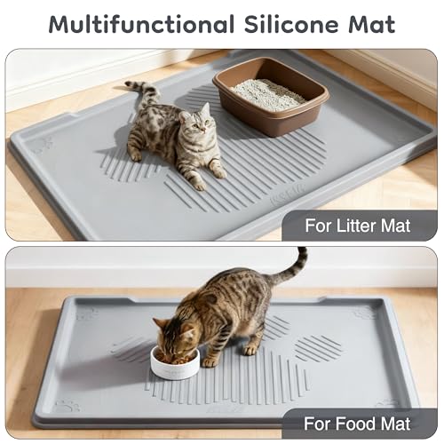 ISSEVE Cat Litter Mat 40" x 28" XL, Extra Large Silicone Mat for Litter Box, 1.38" Raised Edge Urine Waterproof Litter Trapping Mat Pad for Scatter Control, Soft on Kitty Paws, Protect Floor (Grey) - color: Light Grey