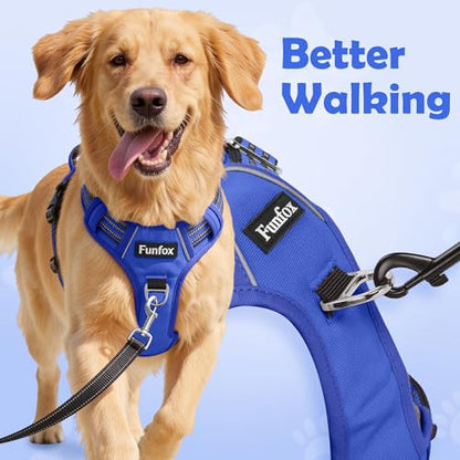 Funfox Dog Harness Medium No Pull, Adjustable 2 Clips Anti-Pull Vest with Practical Handle, Breathable Padded Pet Harness Designed for Small/Large Breeds, Reflective Training Walking Blue M - color: Blue, size: Medium