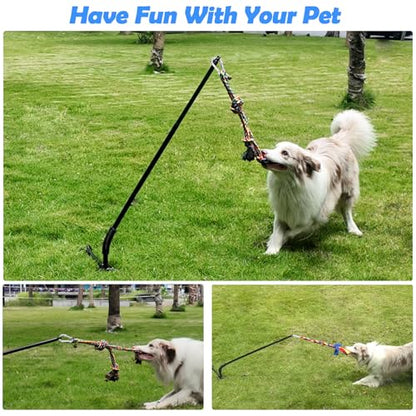 Tether Outdoor Dog Toy,Interactive Exercise Game in Yard Park Tug of War for Large Medium Small Dog Puppy with 2 Rope Toy and Bell Pull Chase and Solo Play