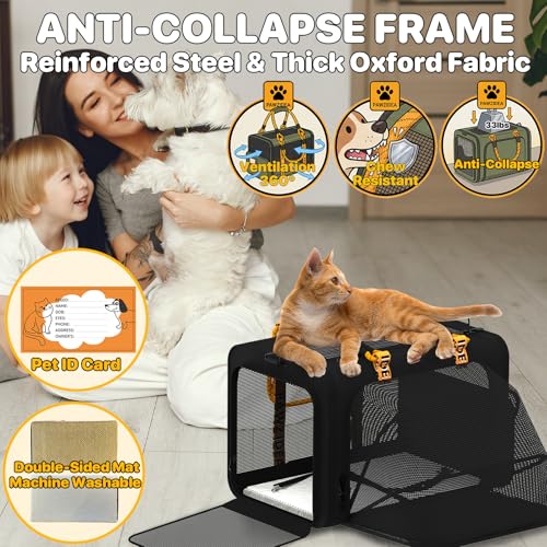 PAWZIDEA Expandable Pet Carrier with Wheels, 18"x11"x11" TSA Airline Approved Cat Carrier for 2 Cats Under Seat, Collapsible Soft-Sided Small Dog Rolling Travel Bag with Telescopic Handle, Up to 18lbs - color: Black Warrior-Wheels