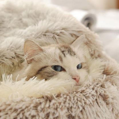 Cat Bed Round Fluffy Hooded Cat Bed Cave, Anti-Anxiety Cave Bed with Hooded Blanket, Cozy Cuddler Luxury Puppy Pet Bed, Anti-Slip Bottom and Machine Washable (Coffee, Large) - color: Coffee, size: Large