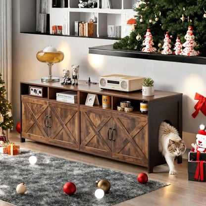 Double Cat Litter Box Enclosure for 2 Cats, 63" Hidden Litter Box Furniture with Outlet Power, Farmhouse Large Litter Box Cabinet TV Stand, 63 x 17.7 x 23.6 in, Black Brown