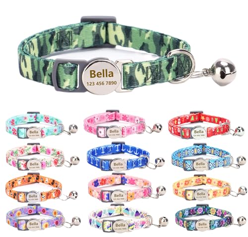 Custom Personalized Breakaway Kitten Cat Collar with ID Name Phone Number Tag Plate/Customized Engraved Floral Pattern Boy Girl Cat Kitten Collar with Bell-Green Camouflage - color: Green Camouflage