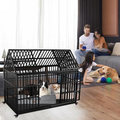 54 Heavy Duty Dog Crate with Mat, Escape Proof Dog Kennel Indoor, High Anxiety Dog Cage with Double Door, Extra Large Crate for Large Dogs with Removable Tray - size: 54''