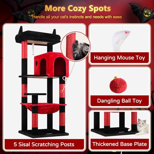 Globlazer Gothic Cat Tree Tower with Scratching Post for Indoor Cats, 53inch Tall Plush Multi-Level Cat Climbing Tower Condo with Large Hammock, Spacious Cat Cave, Padded Top Perch, F53, Red Black - color: Red Black