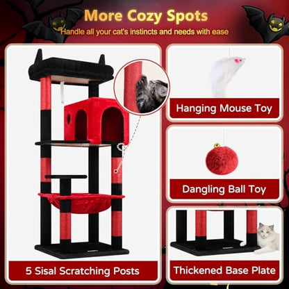 Globlazer Gothic Cat Tree Tower with Scratching Post for Indoor Cats, 53inch Tall Plush Multi-Level Cat Climbing Tower Condo with Large Hammock, Spacious Cat Cave, Padded Top Perch, F53, Red Black - color: Red Black