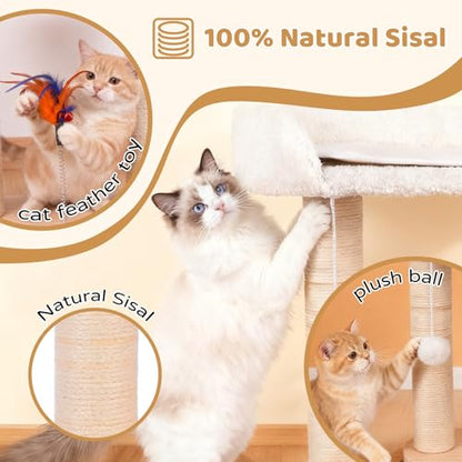 5-in-1 Small Wooden Cat Tree Tower,16.5''H Natural Sisal Cat Scratching Post Climbing Tower with Bed,Interactive Cat Feather Toy,Ball Track Toy for Kittens and Indoor Cats,White - style: Double-layer