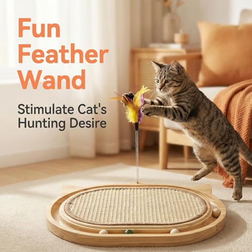 Sisal Cat Scratcher Toy with Ball Track Feather and Ball, Wooden Interactive Toy for Indoor Cats, Scratch Pad,Kitten Toys for Chasing Hunting Physical Exercise(12.9 * 17.4in