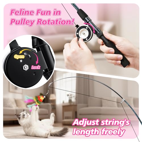 Pawaboo Cat Teaser Wand Toys, Cat Fishing Pole Toy with 3 Pack Feather Refills, 3-section Retractable Kitten Feather Toys with Pulley, Indoor Cats Teaser Catcher Exerciser with Bell,Rainbow + Rose Red - color: Plush-Rainbow
