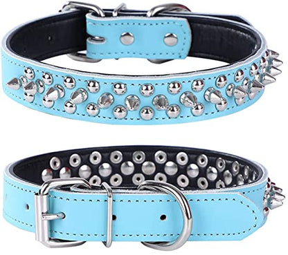 Spiked Studded Dog Collar, Soft Genuine Leather Dog Collar, Adjustable Dog Collars for Small Medium Large Dogs Breeds Pit Bull (S fit Neck 10.5-13", Light Blue2) - color: Light Blue2, size: S fit Neck 10.5-13"