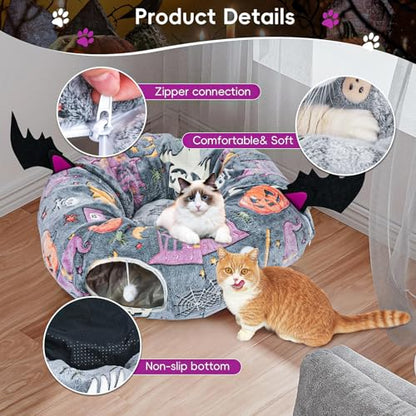 Tidjani Cat Tunnel Bed, Cat Tunnels for Indoor Cats with Bat Wings, Foldable Pet Donut Bed with Middle Mat and Dangling Balls, Pet Play Tunnel Toy with Ghost, Spider Web Pattern for Kittens - style: Gray Bat Wings