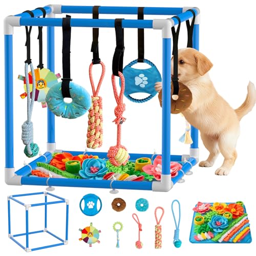 Puppy Play Gym with Snuffle Mat & 8 Hanging Toys Indoor Play Gym Interactive Dog Toys for Boredom Enrichment Activity for Small Dog PVC Frame Stretchy Rope with Velcro (Blue,19.6 x 19.6 x 19.6 inch) - color: Blue/8 toys/19.6"x19.6"x19.6" & snuffle mat