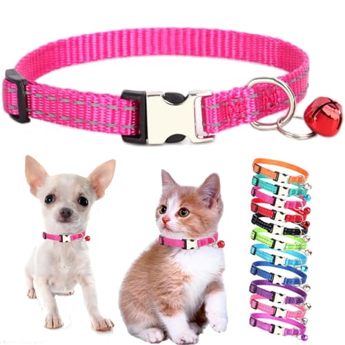 Hot Pink XS Dog Collar with Bell, Reflective Nylon XSmall Puppy Collars Soft Adjustable Buckle for XXS Small Puppia Female Tiny Pets Cats Girl Kitten Yorkie X-Small - color: Hot Pink