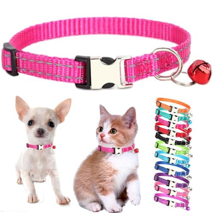 Hot Pink XS Dog Collar with Bell, Reflective Nylon XSmall Puppy Collars Soft Adjustable Buckle for XXS Small Puppia Female Tiny Pets Cats Girl Kitten Yorkie X-Small - color: Hot Pink