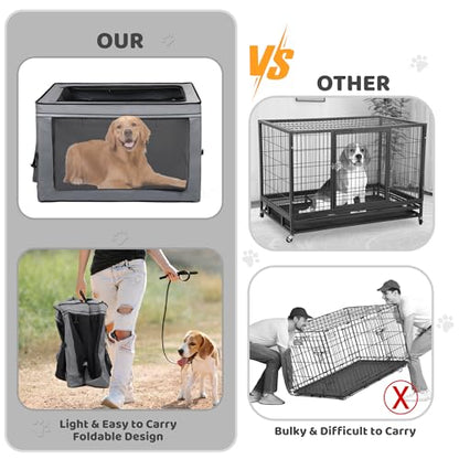 MEGHNA Dog Crate Portable Collapsible Lightweight Soft Sided Folding Travel Dog Kennel Double Door Collapsible 620D Oxford Fabric Cage (Grey, Large) - size: Large
