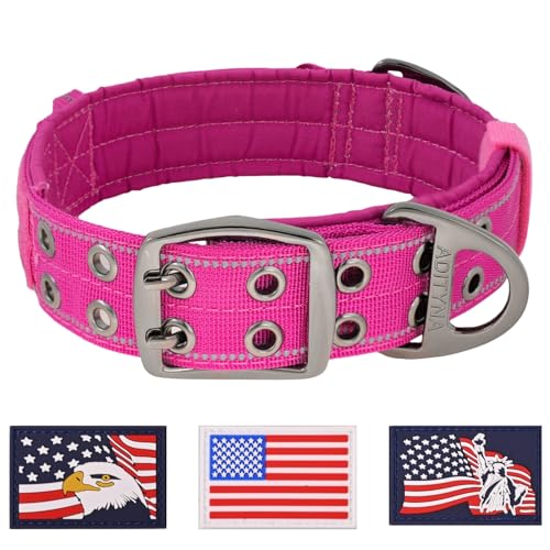 ADITYNA Heavy Duty Dog Collar for Medium Dogs - Reflective Magenta Collar with Handle for Training, and Walking - Wide, Thick, Tactical, Soft Neoprene Padded - color: Magenta, size: Medium: Fit 15-19" Neck