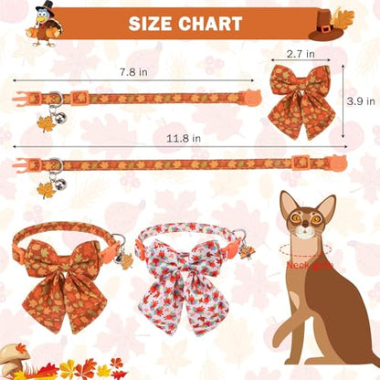 SCENEREAL Fall Cat Collar with Bell & Stylish Bowtie, Turkey Maple Leaf Pattern Breakaway Cat Collars Accessories for Boy Girl Small Cats, Holiday Thanksgiving Kitten Costumes for Female Male Pets - color: Stylish Bow (Thanksgiving/Fall)