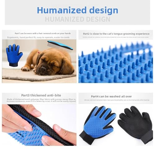 Deshedding Glove & Detangling Comb Set for Dogs Cats - Grooming Brush for Shedding, Bathing, Bonding, Small Animals & Horses - Right Hand Use (Blue)