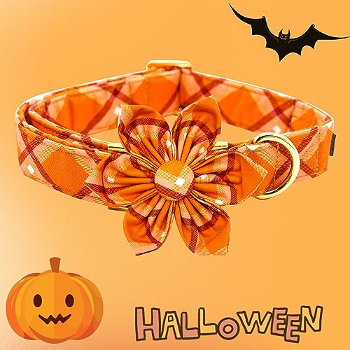 Dog Collar, Fall Dog Collar with Flower Plaid Pet Collar Flower Puppy Collars Cute Pet Adjustable Collar for X-Small Puppy - color: Pumpkin Plaid, size: X-Small (Pack of 1)
