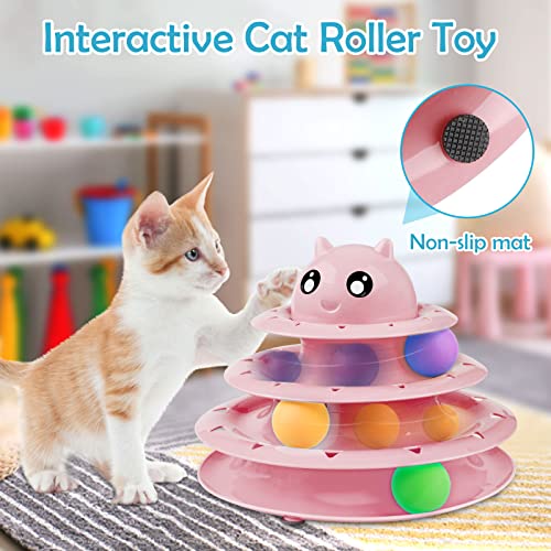 UPSKY 20 PCS Cat Toys - 3-Level Turntable Roller with Balls for Indoor Cats, Kitten Set with Teaser, Mice, Spring, and Various Ball Toys - color: B-20PCS-Pink