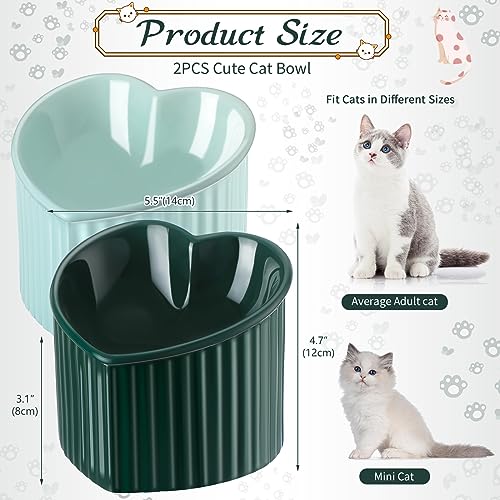 Mumufy 2 Pcs Ceramic Elevated Cat Bowls Tilted Elevated Raised Pet Bowls Anti Vomit Cat Dish for Indoor Stress Free Water Dish Feeder for Puppies, Heart Shaped(Macaron Blue, Peacock Green) - color: Macaron Blue, Peacock Green