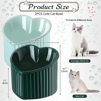 Mumufy 2 Pcs Ceramic Elevated Cat Bowls Tilted Elevated Raised Pet Bowls Anti Vomit Cat Dish for Indoor Stress Free Water Dish Feeder for Puppies, Heart Shaped(Macaron Blue, Peacock Green) - color: Macaron Blue, Peacock Green