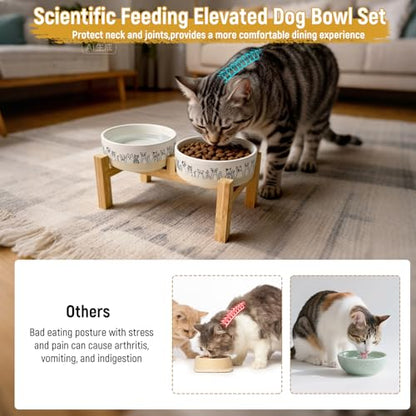 Elevated Ceramic Cat Bowls with Wooden Stand，6.1inch Raised Cat Bowls with Cute Pattern for Small and Medium Breed Dogs,2 Pack Cats Food and Water Bowl Set,Weighted Pet Dishes Dishwasher Safe - size: 2 pack bowl with stand