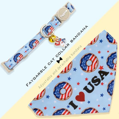 Faygarsle 2 Pack Patriotic Cat Collar Set with Bandana and Bow Tie, USA Flag Donuts Pattern, Light Blue - color: Blue Flag