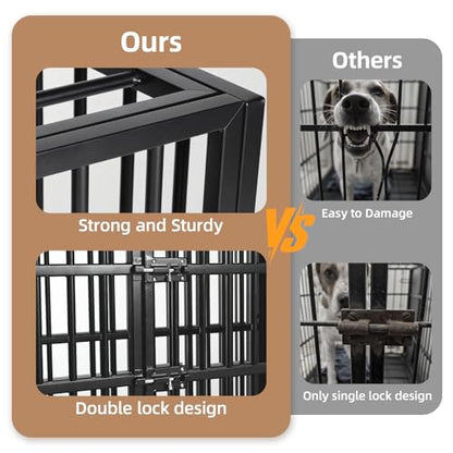 VOWNER 38 inch Heavy Duty Indestructible Dog Crate, Escape-Proof Dog Crate Cage Kennel with 4 Lockable Wheels, High Anxiety Dog Crate with Double Door and Removable Tray Design, for Large Dogs - size: 38.2"L x 24.9"W x 29.1"H