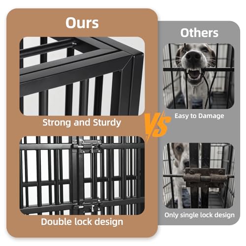 VOWNER 48 inch Heavy Duty Indestructible Dog Crate, Escape-Proof Dog Crate Cage Kennel with 4 Lockable Wheels, High Anxiety Dog Crate with Double Door and Removable Tray Design, for Large Dogs - size: 47.2"L x 29.5"W x 33.9"H