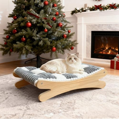 Plush Elevated Cat Bed - Cozy Raised Cat Hammock with Solid Wood Frame, Soft Furry Cushion for Indoor Cats & Small Dogs, Multi-Color Options(Black White)