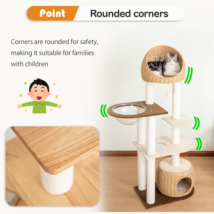 Modern Cat Tree for Large Cat, 60-Inch Tall Cat Tower with Scratching Post for Indoor Cats, Multi-Level Cat Condo with Hand-Woven Cat Bed and Acrylic Bowl (Brown-Particle Board) - color: Brown 81004D