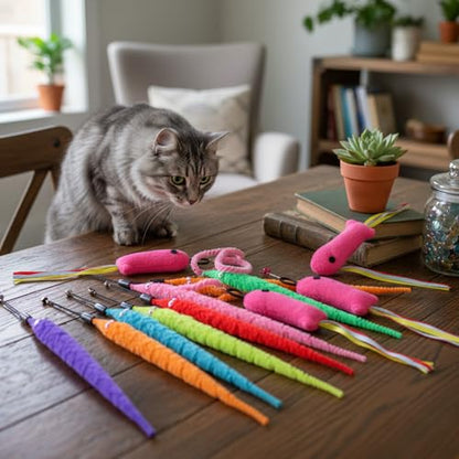 Qianyu 15 PCS Fish and Worm Catnip Toys Interactive Cat Toys Cat Feather Wand Accessories with Ribbons Plush Filled Cats Toy Worm Fish Refills for Play Exercise Chase Chew Indoor