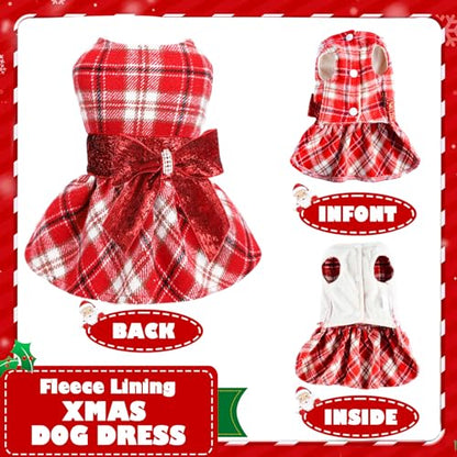 Dog Sweater Dress,Red Plaid Dog Dress Winter Clothes for Small Dogs Girl Fancy Sequin Puppy Fleece Lining Sweater Pet Coat Cat Apparel, XXS - color: Plaid Red, size: XX-Small (Chest 11.8 in)