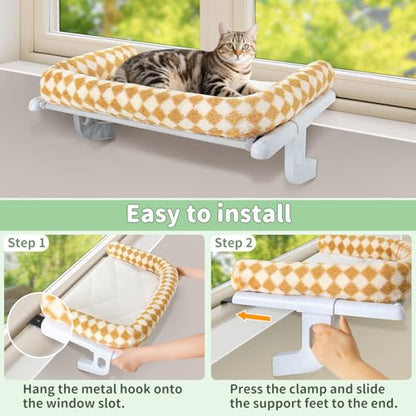 Cat Window Perch Hammock Sturdy Windowsill Bed Seat for Large Cats No Drilling No Suction Adjustable Kitty Shelf with Washable Cover Easy Assembly Holds up to 40 lbs 22.05 * 15 in (Brown, S) - color: Brown, size: 22.05x15in