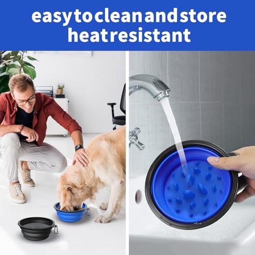2 Pack [Slow Feeder Design + Regular], Collapsible Dog Bowl Travel Portable Pet Bowls, [34oz,1000ml] Foldable Food Water Feeding Dishes for Traveling Hiking Walking with Carabiners [Blue,Black] - color: Blue+Black