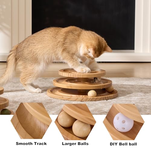ZOMISIA Cat Ball Track Toy with Puzzle Top, Extra Large Wooden Cat Toys for Indoor Cats with Spinning Balls, Interactive Cat Ball Tower for Kitten Exercise Mental Physical - size: Extra Large Size