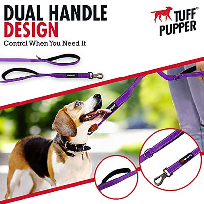 Tuff Pupper Heavy Duty Double Handle Leash | Twist Locking Carabiner Clip | Safety Lock for Strong Dogs | Reflective for Safe Night Walks | 6 Foot Leash | For Medium & Large Dogs - color: Purple