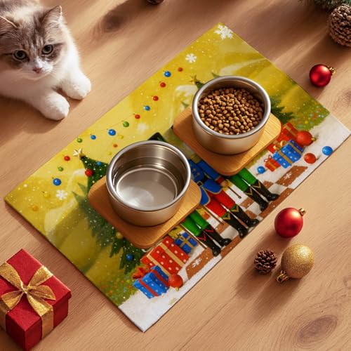 HOMETITUTE Christmas Nutcracker Pet Food Mat Christmas Tree Pet Feeding Mat Festive Christma Decorative Absorbent Mats for Dog Water Bowl Winter Holiday Cat Accessory Mats 20" x 12" - color: Yellow