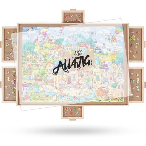 ALL4JIG 1000 Pieces Rotating Puzzle Board with 6 Drawers and Cover,22.44"x30.16"Portable Wooden Jigsaw Puzzle Table for Adults,Lazy Susan Spinning Puzzle Boards Birthday Gift for mom - color: Natural Wood-6 Drawers, size: Small-1000pcs