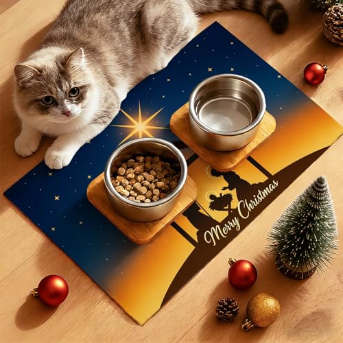 HOMETITUTE Christmas Nativity Scene Pet Food Mats Jesus Birth Design Non-Slip Pet Feeding Mat Easy Clean Fast Dry Mat for Dog Food and Water Bowls 20" x 12"Christmas Absorbent Pets Bowl Mat - color: black