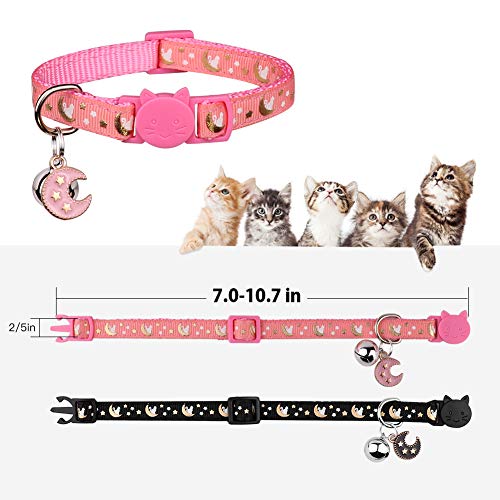 2Pcs Breakaway Cats Collars Cat Collars for Boy & Girl Cats Moons Adjustable Kitten Collars with Bell & Pendant Glow in The Dark,Black+Pink - color: Pink+Black, size: 7.0-10.7''