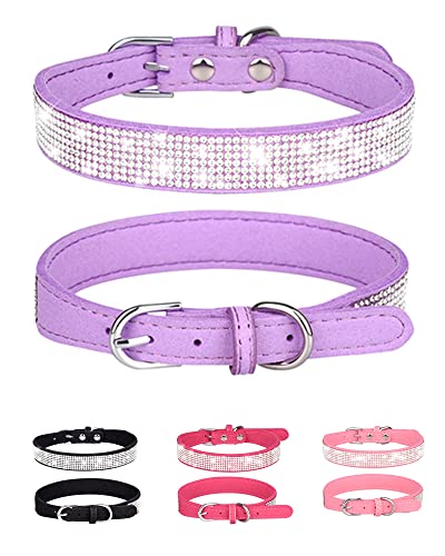 Dog Collar for Small Dogs, Adjustable Leather Suede Bling Dog Collars，Purple Dog Collar Cat Collar, Rhinestone Dog Collar (XS, Purple) - color: purple, size: XS