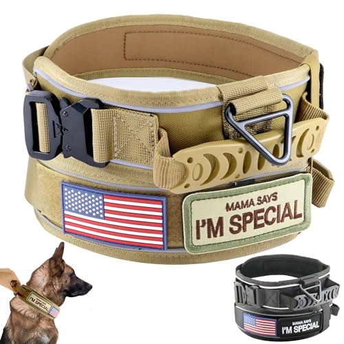 Tactical Dog Collar with Handle for Medium Dogs, 2.5"Wide Thick Heavy Duty Metal Buckle Dog Collar with Soft Neoprene Padded Lining, Military Service Reflective Collar for Training (Khaki,M) - color: Khaki, size: Neck Girth: 14"-20"(36-50cm)
