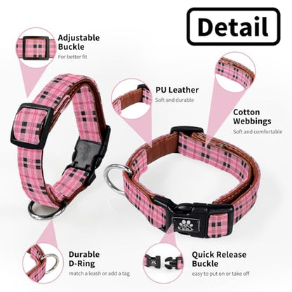 Dog Collar and Leash Set,Soft Neoprene Pet Collar with Quick Release Buckle,Adjustable Nylon Dog Collars for Small Medium Large Dogs(Medium,Cherecked Pink) - color: Checkered Pink, size: Medium
