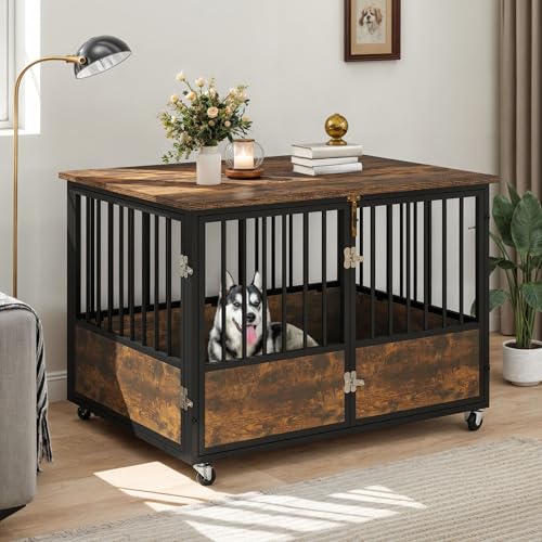 DWVO Dog Crate Furniture with Wheels, 43 Inch Dog Kennel Indoor Furniture End Table Dog Crate for Dogs, Farmhouse Decorative Wooden Dog Cage Table with Double-Doors, Chew-Resistant, Rustic Brown - color: Rustic Brown, size: 43.3"L x 29.1"W x 29.5"H