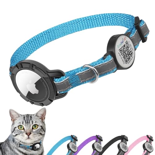 Airtag Cat Collar Breakaway with QR Code Name Tag, Reflective cat Collar airtag Holder with Bell, Cat ID Tag Personalized, Ultra-Durable, Adjustable, Quick Release, Fits Small Large Cats, Blue - color: Blue