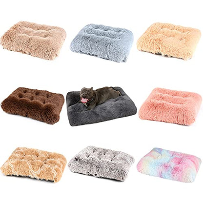 Long Plush Calming Pet Bed Cuddler Pet Bed for Dogs and Cats Fluffy Faux Fur Dog Bed with Anti Slip Bottom Machine Washable Pet Sleep Bed Crate Mat Gradient Khaki M - color: Gradient Khaki, size: M(25"x19"x4")