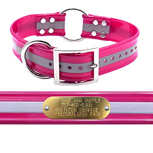 Outdoor Dog Supply 1.5" Wide 25" Long Reflective Pink Waterproof Dog Collar with Center Ring & Custom Brass Name Plate – Durable, Odor-Resistant for Large & XL Breeds - color: Reflective Pink, size: 25" Long